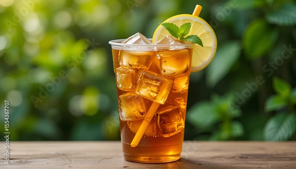 Fototapeta A refreshing glass of iced tea with lemon and mint on a wooden table outdoors.