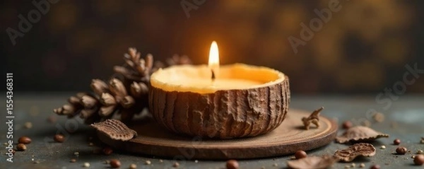Fototapeta Rustic pine cone candle, natural and cozy, perfect for autumn and winter decor Warm, inviting glow, handcrafted, unique, sustainable, eco-friendly home fragrance , evergreen, candlelight