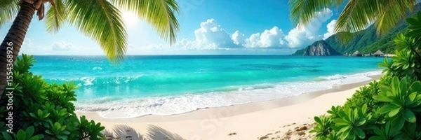 Fototapeta Sun-drenched turquoise ocean waves crash on a pristine white sand beach, creating a breathtaking seascape Lush tropical vegetation frames the scene, promising tranquility and escape , sky, vacation