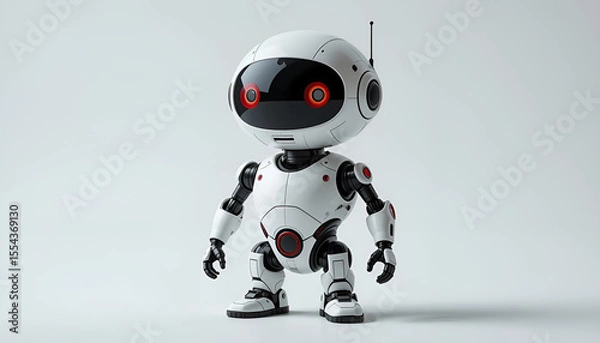 Fototapeta A modern, cute white robot with a large head and glowing red eyes, standing in a full body shot on a clean, minimalist gray background.