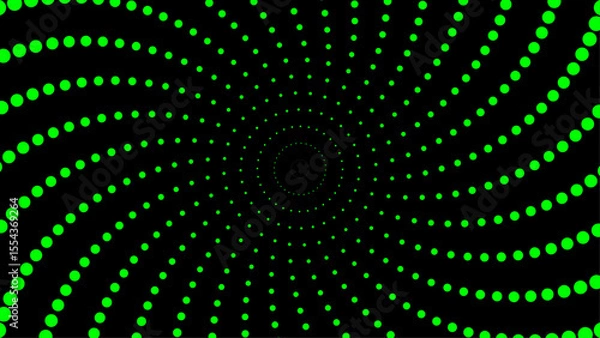 Fototapeta Abstract green dot spiral pattern forming a vortex on a black background. Ideal for backgrounds, optical illusion designs, or science fiction themes.