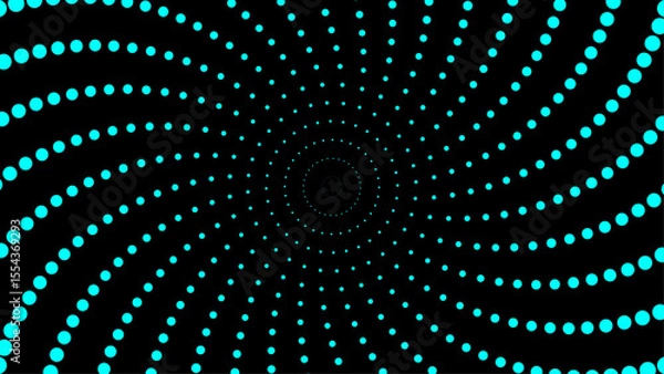 Fototapeta Abstract cyan blue dot spiral pattern forming a vortex on a black background. Ideal for backgrounds, optical illusion designs, or science fiction themes.
