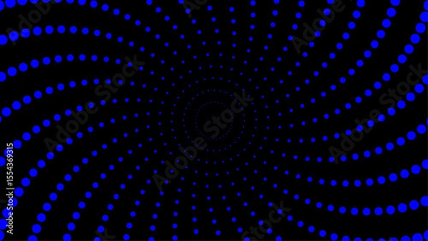 Fototapeta Abstract blue dot spiral pattern forming a vortex on a black background. Ideal for backgrounds, optical illusion designs, or science fiction themes.