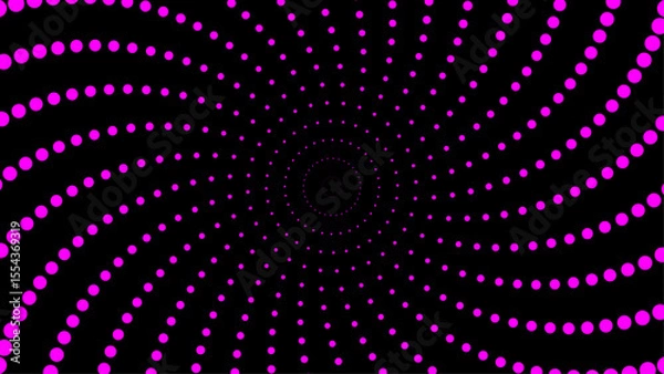 Fototapeta Abstract magenta dot spiral pattern forming a vortex on a black background. Ideal for backgrounds, optical illusion designs, or science fiction themes.