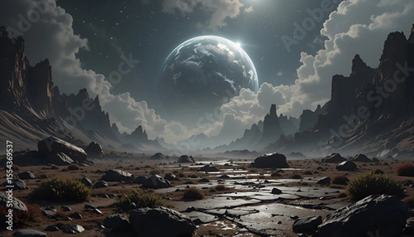 Fototapeta An epic and dramatic science fiction landscape of a desolate, rocky alien world, with a large planet rising in the cloudy, star-filled sky.