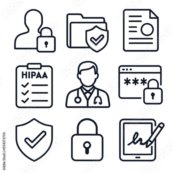 Fototapeta Icons depict security healthcare  data protection with a doctor lock shield  document