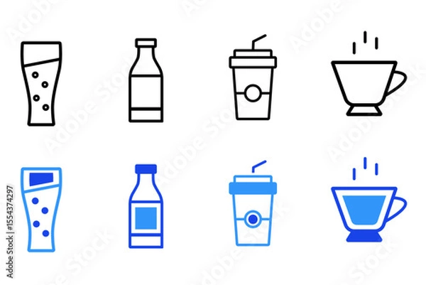 Fototapeta Drink and beverages line and flat icons set. Cocktail glasses and drinks. Different shapes and styles for bar or restaurant use. For app or web UI. Editable vector illustration