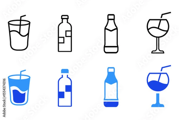 Fototapeta Drink and beverages line and flat icons set. Cocktail glasses and drinks. Different shapes and styles for bar or restaurant use. For app or web UI. Editable vector illustration