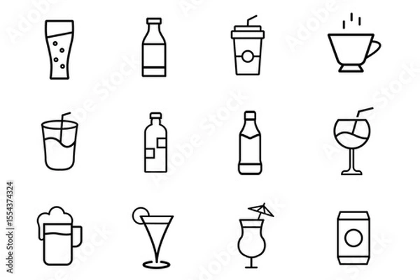 Fototapeta Drink and beverages line stroke icons set. Cocktail glasses and drinks. Different shapes and styles for bar or restaurant use. Editable vector illustration