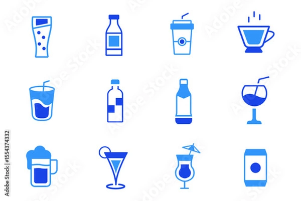 Fototapeta Drink and beverages solid flat icons set. Cocktail glasses and drinks. Different shapes and styles for bar or restaurant use. Editable vector illustration