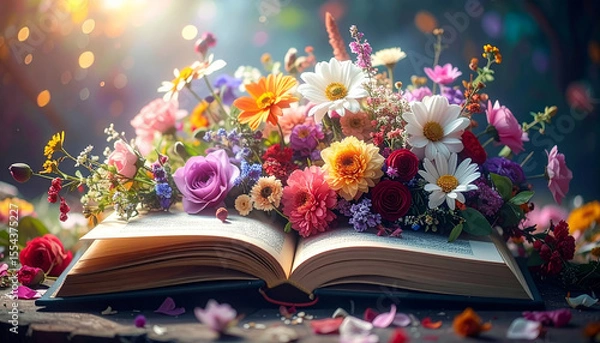 Obraz Colorful bouquet of flowers resting on an open book, illuminating the beauty of literature