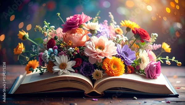 Obraz Colorful bouquet of flowers resting on an open book, illuminating the beauty of literature