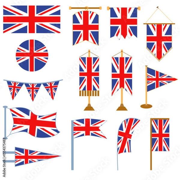Obraz British flag in various luxurious and beautiful styles such as triangular flag, rectangular flag, table flag, hanging flag, flagpole