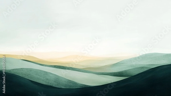 Fototapeta Abstract minimalist landscape painting with muted green and yellow tones, depicting rolling hills under a soft sky.