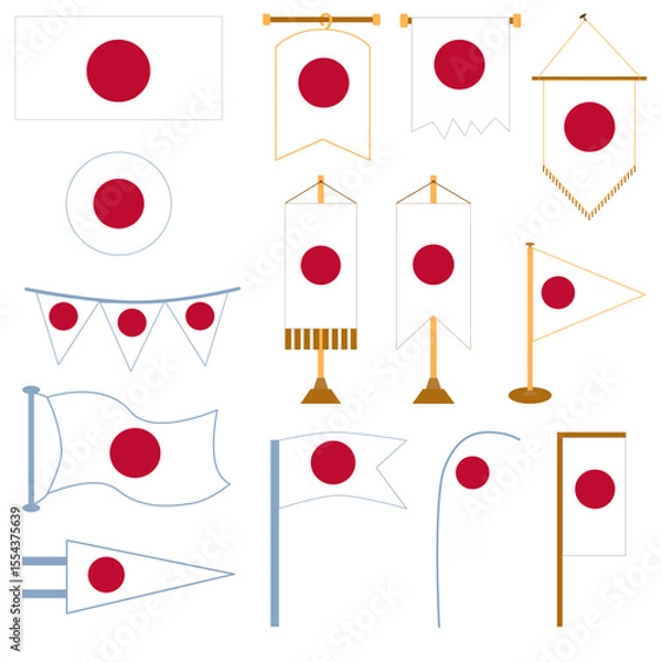 Obraz Japanese flag in various styles such as triangular flag, rectangular flag, table flag, hanging flag, flagpole