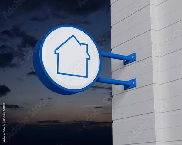 Fototapeta House icon with copy space on hanging blue rounded signboard over sunset sky, Business real estate concept, 3D rendering