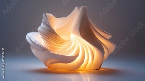 Fototapeta Illuminated white sculptural form with intricate, layered design, emitting warm light against a neutral background.