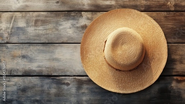 Fototapeta A wide-brimmed straw hat sits on a rustic wooden surface, bathed in sunlight.