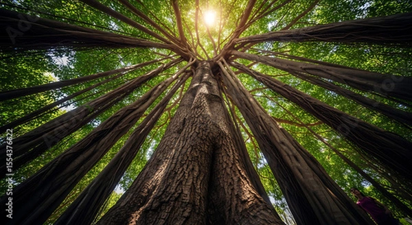 Fototapeta A towering tree trunk stretches upward, its branches reaching towards the sunlight filtering through the canopy.