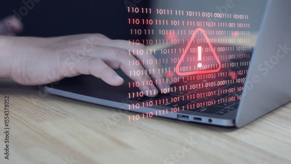 Fototapeta digital screen displays red error code and warning symbols, representing system failure, hacking attempts, and software corruption. This concept is ideal for cybersecurity, IT errors