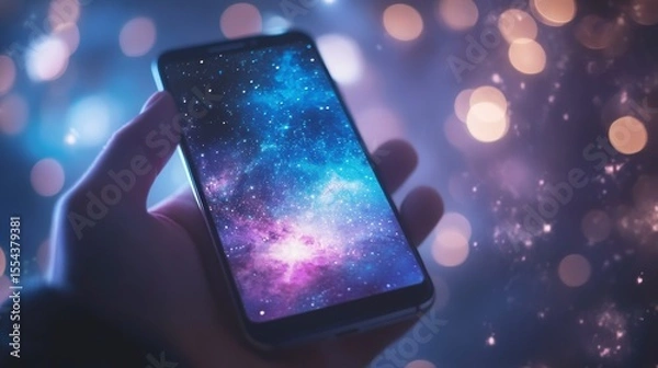 Fototapeta Hand holding smartphone displaying a vibrant nebula image against a bokeh background.