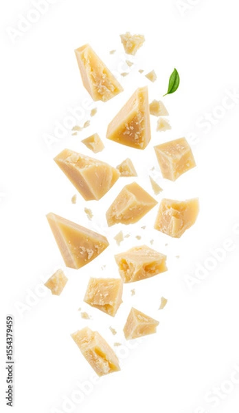 Obraz Parmesan cheese pieces falling with basil leaf on transparent background