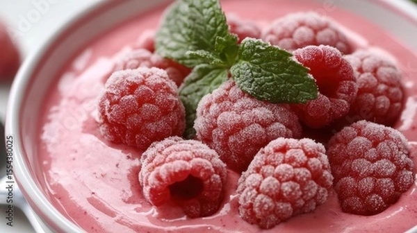 Fototapeta Close-up of frozen raspberries on a creamy raspberry dessert.