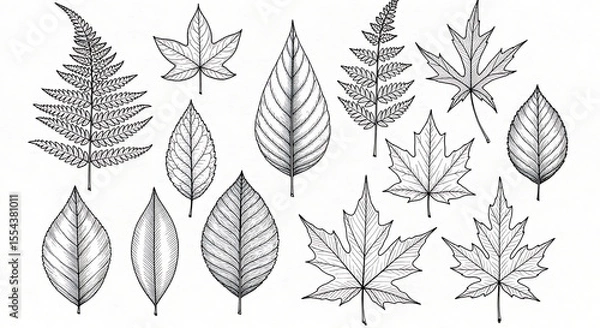 Fototapeta A collection of meticulously drawn leaves, showcasing diverse shapes and textures of various plant species.