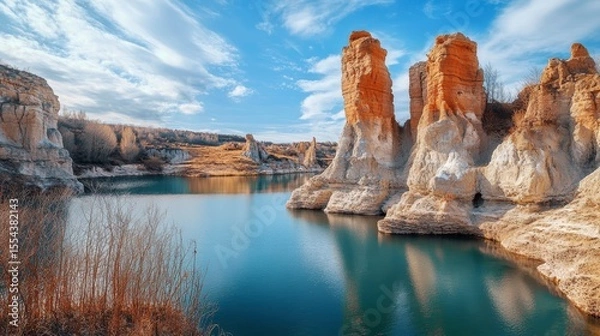 Fototapeta Dramatic landscape of unique rock formations rising from a calm lake under a vibrant sky.