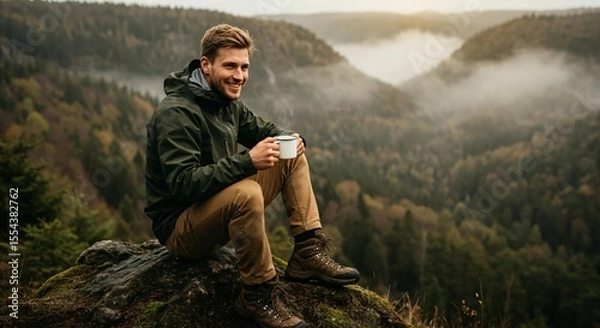 Fototapeta Young Man Enjoying Coffee on a Mountainous Trail Surrounded by Forest and Mist