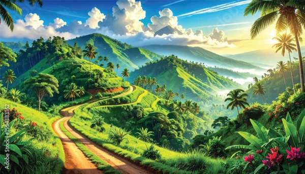 Fototapeta Serene mountain landscape with lush green fields. Beautiful rolling hills and tropical scenery in daylight. Tranquil nature view with winding road through the mountains
