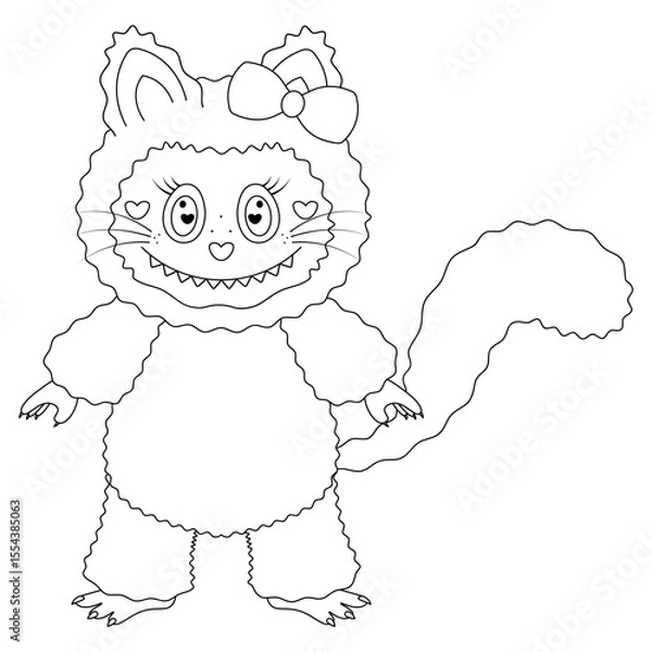 Fototapeta Lady cat. Cute toothy kitten with a bow on the ear. Sketch. Vector illustration. Fluffy mischievous cat with hearts in the eyes, whiskers and tail. Outline on an isolated white background Doodle style