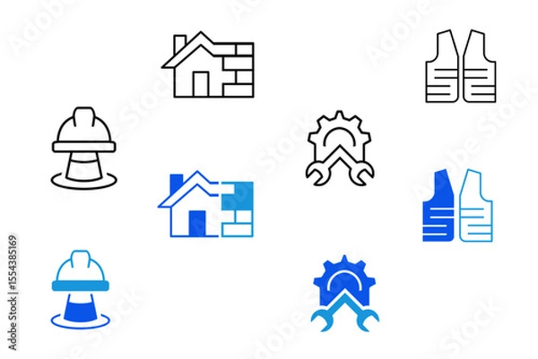 Fototapeta Labor line and flat icons set. Labor, construction, labour day, renovation, repair, work tool, materials icons. Editable vector illustration