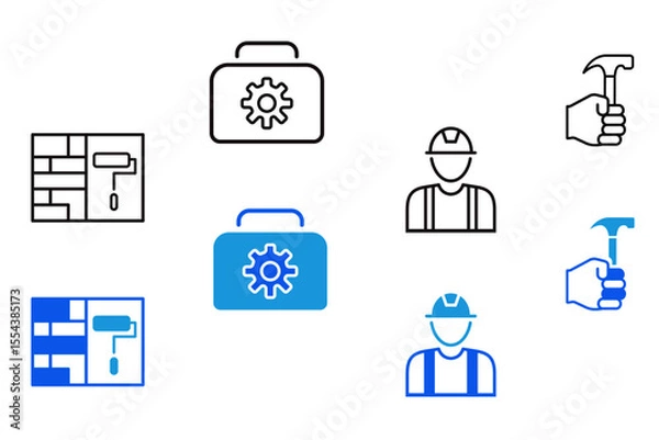 Fototapeta Labor line and flat icons set. Labor, construction, labour day, renovation, repair, work tool, materials icons. Editable vector illustration