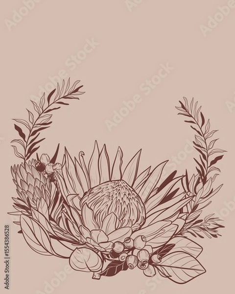 Fototapeta Hand drawn linear illustration of a protea flower in brown ink on a beige background. Elegant botanical composition in minimal vintage style. Perfect for floral prints, packaging, poster