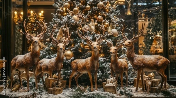 Fototapeta Five reindeer figurines arranged around a decorated Christmas tree, with gold gift boxes at the base.