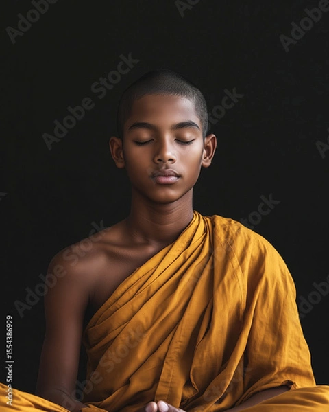 Fototapeta Young Buddhist monk meditating in orange robe on dark background