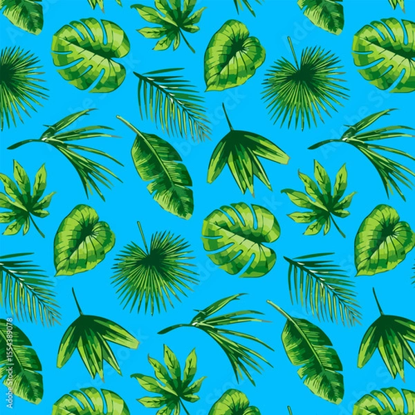 Obraz Blue background with leaves.Vector seamless pattern with green palm leaves on a blue background.
