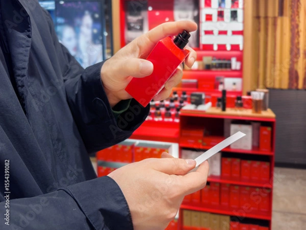 Obraz Man buying make up at cosmetics section in store. choosing cosmetics, perfumes, creams and shampoos, Using tester.