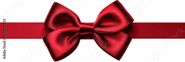 Fototapeta Red satin bow on a horizontal ribbon, isolated with transparency. Ideal for gift wrapping, holiday designs, festive branding, or decorative packaging mockups.