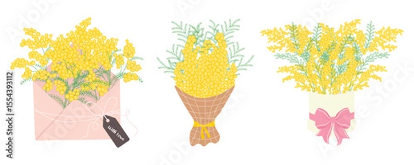 Fototapeta Set of Mimosa Bouquets. Spring Yellow Flowers Collection. Floral illustration in a soft, elegant style for spring holidays