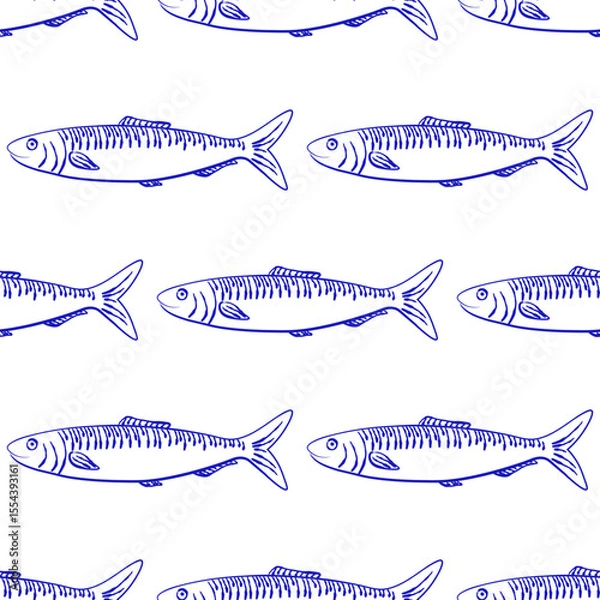 Fototapeta Seamless pattern with hand drawn sardine fish in blue. Ideal for seafood packaging, kitchen textiles, restaurant branding, wrapping paper, or retro nautical-themed designs