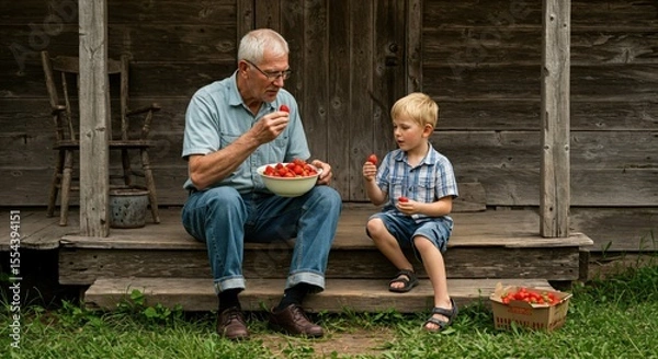 Fototapeta Grandfather and Young Boy Enjoying Fresh Strawberries on Rustic Porch