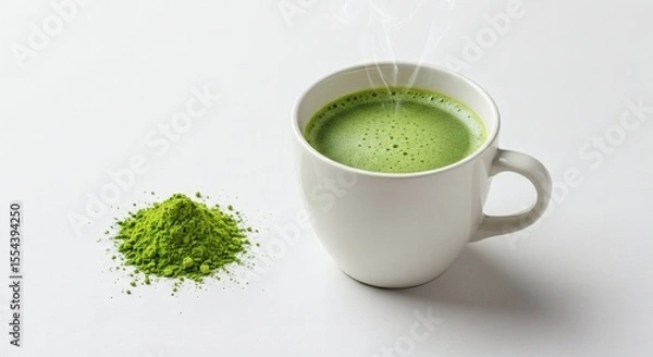 Obraz Green matcha powder next to brewed matcha tea in same frame, symbolizing transition from raw to drink, vibrant texture, white backdrop, clean modern look for organic.
