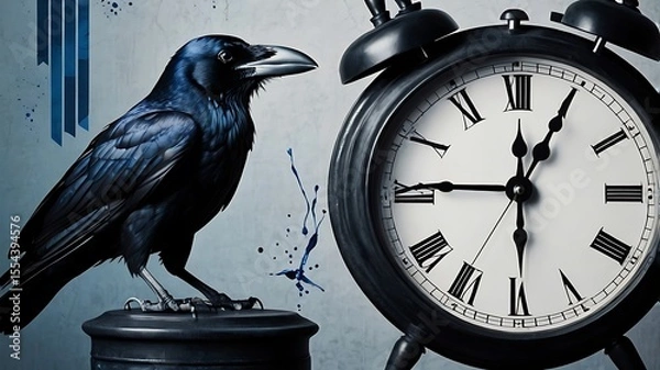 Fototapeta Raven and Clock on Gray Background A Dramatic Composition of Wildlife and Time in a Dark Artistic Style