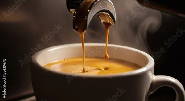 Obraz Macro view of a hot espresso being brewed, showing rich crema forming in a cup, highlighted by dramatic lighting and steamy ambiance.