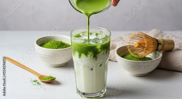 Obraz Smooth stream of matcha pouring into a tall glass of iced milk, creating a cloudy green pattern, surrounded by matcha spoon, whisk, and bowl on a white table.