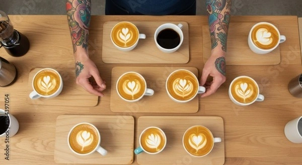 Obraz Artisan Coffee Latte Art A Flat Lay of Exquisite Coffee Creations