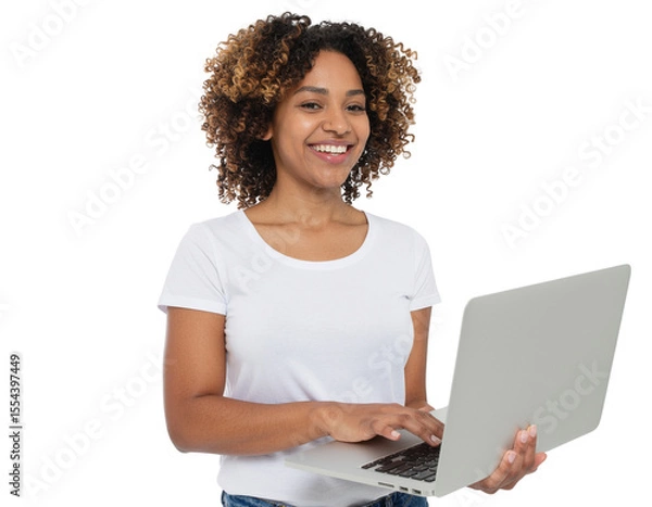 Fototapeta Cheerful Young Woman Laughing While Typing on Laptop, Front-Facing Pose, isolated on transparent background