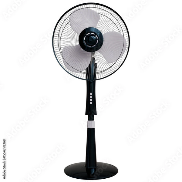 Fototapeta A black pedestal fan with three translucent blades, a circular base, and simple controls, is shown against a transparent background. The fan is sleek and modern in design